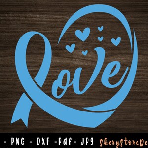 Puede incluir: Un diseño de lazo azul con la palabra "Love" en forma de corazón, acompañado de pequeños corazones. El diseño está sobre un fondo de vetas de madera oscura. Información del tipo de archivo en la parte inferior.