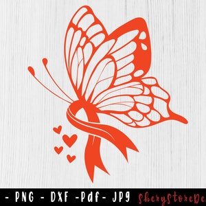 May include: A red butterfly with a red ribbon tied around its body. There are three small red hearts below the butterfly.