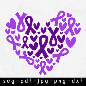 Puede incluir: Un diseño en forma de corazón compuesto por lazos y corazones morados. Los lazos y corazones son de diferentes tonos de morado, creando un efecto de capas. El diseño está sobre un fondo blanco con un patrón sutil y texturizado. La parte inferior de la imagen contiene el texto "svg-pdf-jpg-png-dxf".