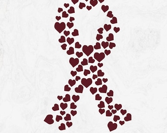 Cinta con forma de corazón para el mieloma múltiple SVG, cinta con forma de corazón para el mieloma múltiple SVG, cinta burdeos, archivo svg para usar en Cricut Silhouette