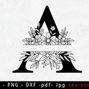 Pacote de alfabeto Svg, monograma dividido floral svg, clipart de monograma de flor, gráfico de letras florais, monograma de nome svg