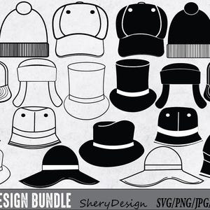 May include: A set of 20 black and white hat designs, including baseball caps, bucket hats, fedoras, and beanies. The designs are perfect for crafting, scrapbooking, or creating digital designs.