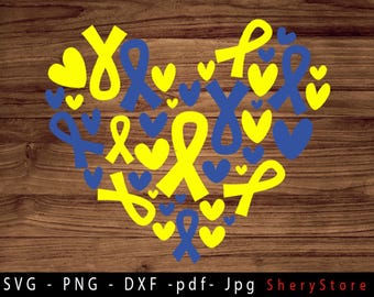 SVG de síndrome de Down en forma de corazón, SVG de síndrome de Down, cinta de síndrome de Down svg, mes de Down svg, síndrome de Down png, corte Svg