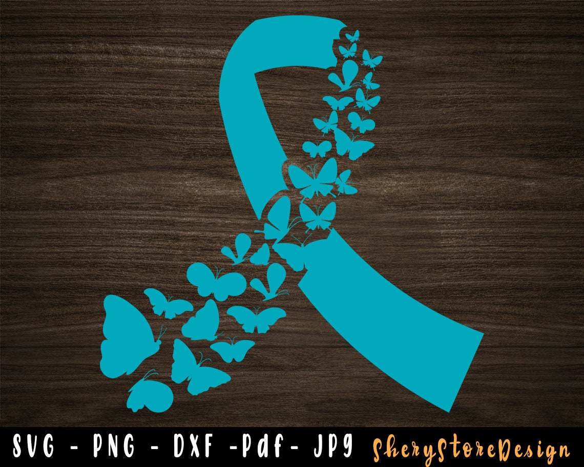Feather Teal Ribbon SVG, Ovarian Cancer SVG, Butterfly Ovarian cancer svg, Ovarian Cancer png, Awareness Ribbon, svg file to use for Cricut