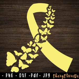 May include: A yellow ribbon with a trail of yellow butterflies. The ribbon is a symbol of hope and support.