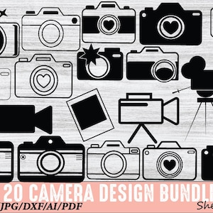 May include: A set of 20 black and white camera design illustrations. The designs include various camera styles, a film camera, a video camera, and a camera lens. The text "20 CAMERA DESIGN BUNDLE" is at the bottom of the image. The text "SVG/PNG/JPG/DXF/AI/PDF" is below the bundle text. The text "SheryDesign" is at the bottom right of the image.
