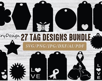May include: A collection of 27 black tag designs in various shapes, including a flower, star, and heart. The tags feature cut-out designs and text, with the words "LOVE" and a heart symbol. The text "SheryDesign 27 TAG DESIGNS BUNDLE" is also present.