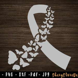 Plume gris ruban SVG, SVG cancer du cerveau, papillon cancer du cerveau svg, png cancer du cerveau, ruban de sensibilisation, fichier svg à utiliser pour Cricut