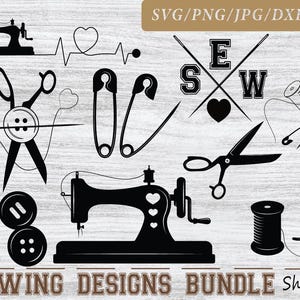 May include: Black and white sewing-themed digital designs. Includes a sewing machine, scissors, buttons, a dress form, needles, and the text "11 SEWING DESIGNS BUNDLE".
