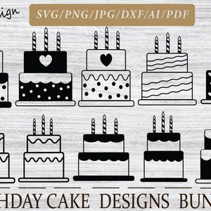 May include: A set of ten black and white birthday cake designs. The cakes are decorated with polka dots, stripes, and hearts. The designs are ideal for creating birthday cards, invitations, and party decorations.