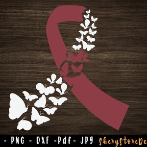 フェザーバーガンディリボン svg、頭頸部がん svg、蝶の頭がん svg、頭頸部がん png、Cricut で使用する svg ファイル