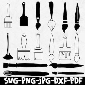 May include: A collection of black and white paintbrushes in various shapes and sizes. The image includes brushes with different bristle types, handles, and brush head designs. The text "SVG-PNG-JPG-DXF-PDF" is at the bottom.