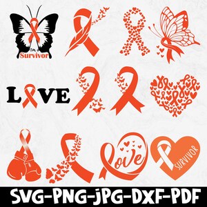 Può includere: Una collezione di disegni di nastri arancioni per la consapevolezza, tra cui farfalle, cuori e la parola "LOVE". L'immagine presenta anche il testo "I'm a Survivor" e "Survivor". La parte inferiore dell'immagine mostra le opzioni del tipo di file: SVG-PNG-JPG-DXF-PDF.