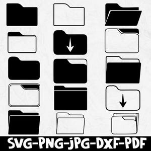May include: A selection of black and white folder icons in different designs. Some are solid black, others have outlines, and some include a downward arrow. The text "SVG-PNG-JPG-DXF-PDF" is displayed at the bottom of the image.