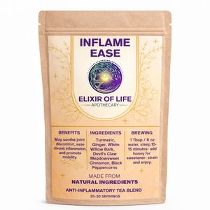 May include: A brown paper bag of "Inflame Ease" anti-inflammatory tea blend. The label includes the text "Elixir of Life Apothecary", ingredients, and brewing instructions. The tea blend is made from natural ingredients and contains 25-30 servings.