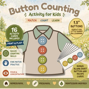 Può includere: Un gioco educativo per bambini con il testo "Button Counting Activity for Kids". L'immagine presenta un contorno di camicia con bottoni colorati, una pila di carte e il testo "Print & Play!" e "1.5" Buttons."