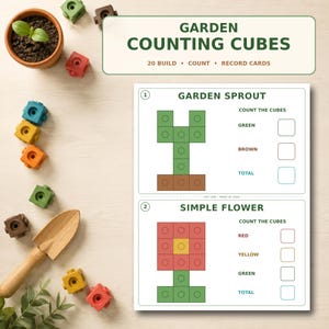 May include: Garden Counting Cubes set featuring 20 build, count, and record cards. Includes a terracotta pot with soil, a small wooden shovel, and various colored plastic building cubes in green, brown, yellow, and red, alongside printed activity sheets.