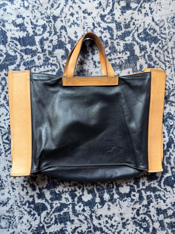 Vintage Masaki Matsushima Homme Leather Tote Bag, Japanese Archive Oversized Black and Tan Weekender Bag