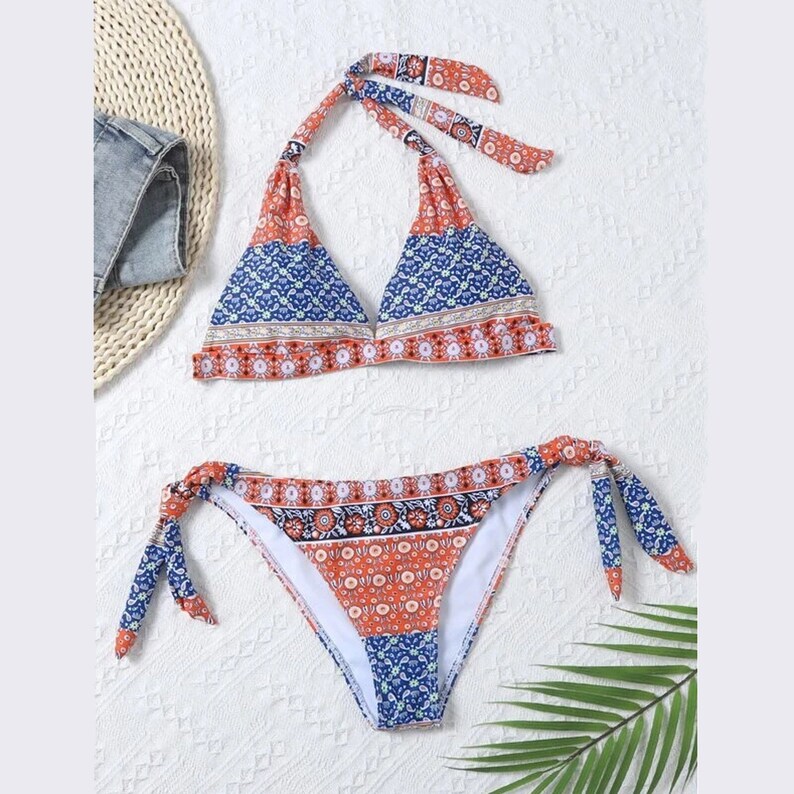 African bathing suit, Ethnic Design, Women Swimsuit Set, Halter Swimsuit, Geometric Print Beachwear, Sexy Lace Up, Low Waist bikini image 2