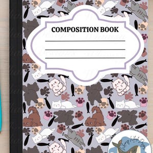 Kitty Chaos - Cuaderno de composición acogedor con temática de gato y huella de pata, papel digital PNG, archivo de diseño de superficie de tela de vinilo