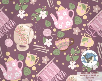 Nahtlose Muster Tea Time | Blau Rosa Teekannen, Tassen, Blumen und Garn Nahtloses digitales Papier für Handwerk, Sublimation und Oberflächendesign