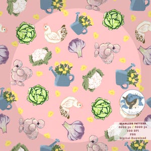 May include: A seamless pattern on a pink background features illustrations of chickens, cabbages, cauliflower, garlic, watering cans with yellow flowers, and small yellow flowers. The pattern includes the text "SEAMLESS PATTERN 4000 px / 4000 px 200 DPI PNG Digital Download."