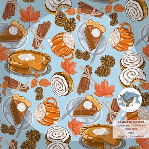 Gemütlicher Ernte-Kürbis-Kuchen & Herbstblätter Nahtlose Muster PNG Digital Papiere Vinyl Stoff Oberfläche Design-Datei Kiefernzapfen, Süßigkeiten Design