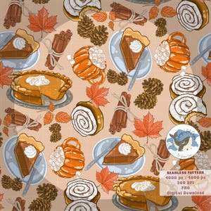 Gemütlicher Ernte-Kürbis-Kuchen & Herbstblätter Nahtlose Muster PNG Digital Papiere Vinyl Stoff Oberfläche Design-Datei Kiefernzapfen, Süßigkeiten Design