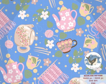 Nahtlose Muster Tea Time | Blau Rosa Teekannen, Tassen, Blumen und Garn Nahtloses digitales Papier für Handwerk, Sublimation und Oberflächendesign