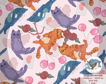 Cozy Valentines Kittens- Cute cat Themed Seamless Pattern PNG Digital Papers Vinyl Fabric Surface Design File For Cat Lovers