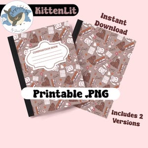 Puede incluir: Dos cuadernos de composición con un patrón repetido de gatos, libros y gafas sobre un fondo beige. Los cuadernos tienen un lomo negro y una etiqueta blanca que dice "COMPOSITION BOOK". El texto de la imagen dice "Instant Download" y "Printable .PNG".