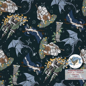 Fantasy Ritter und Drache Nahtloses Muster | Mittelalter Märchen Digitales Papier | Gothic Celestial Stoffdesign | PNG digitaler Download