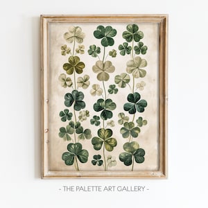 St Patrick's Day Clovers Oil Painting Digital Download, Spring Decor Vintage Botanical Print Farmhouse Decor Spring Art Shamrocks VWA003