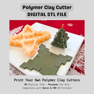 Könnte beinhalten: Ein hellorangefarbener Polymer-Ton-Ausstecher in Form eines Hauses, eines grünen Weihnachtsbaums und eines grünen Baum-Ausschnitts. Das Bild enthält den Text "Polymer Clay Cutter DIGITAL STL FILE" und "Print Your Own Polymer Clay Cutters".