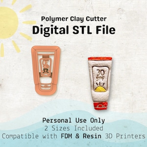 May include: Digital STL file for a polymer clay cutter in the shape of a sunscreen bottle. The bottle is red and white with the text "30 SPF" and a small sun graphic. The file is compatible with FDM and Resin 3D printers.