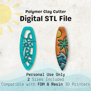 Palm Tree Surfboard Clay Cutter STL File | 1.75, 2.75 Inch Polymer Clay Cutter | FDM & Resin 3D Print Files | Tropical Summer Surf Design