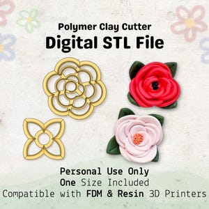 May include: Digital STL file for a polymer clay cutter in the shape of a flower. The cutter is compatible with FDM and Resin 3D printers.  The file includes one size of the flower cutter.