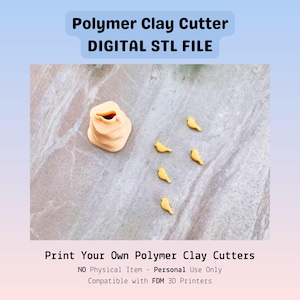 May include: Image of polymer clay cutters. The image shows a beige polymer clay cutter next to several small yellow bird-shaped clay cutouts. The text at the top reads "Polymer Clay Cutter DIGITAL STL FILE". The text at the bottom reads "Print Your Own Polymer Clay Cutters".