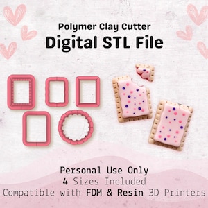 May include: Pink polymer clay cutters in various frame shapes and frosted pastry designs. The image includes the text "Polymer Clay Cutter Digital STL File" and "Personal Use Only". Compatible with FDM & Resin 3D Printers.