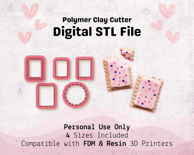 Puede incluir: Cortadores de arcilla polim&eacute;rica rosa en varias formas de marco y dise&ntilde;os de pasteler&iacute;a glaseada. La imagen incluye el texto "Polymer Clay Cutter Digital STL File" y "Personal Use Only". Compatible con impresoras 3D FDM y resina.