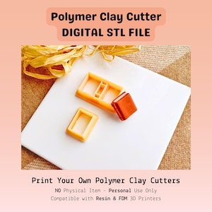 May include: Image of polymer clay cutters, including a rectangular cutter and a book-shaped cutter, alongside a small clay book. The text reads "Polymer Clay Cutter DIGITAL STL FILE" and "Print Your Own Polymer Clay Cutters".