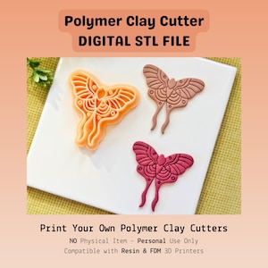 May include: Three polymer clay cutters in the shape of moths, in orange, brown, and burgundy, are displayed on a white surface. The image includes text that reads "Polymer Clay Cutter DIGITAL STL FILE" and "Print Your Own Polymer Clay Cutters".