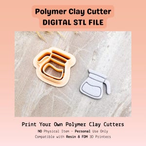 May include: A light orange polymer clay cutter in the shape of a coffee carafe alongside a gray coffee carafe shape cut from clay. The text reads Polymer Clay Cutter DIGITAL STL FILE and Print Your Own Polymer Clay Cutters NO Physical Item.