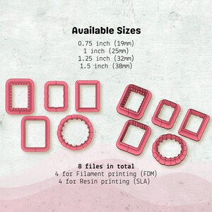 Puede incluir: Cortadores de galletas geom&eacute;tricos rosas en varias formas, incluyendo cuadrados y c&iacute;rculos. Los tama&ntilde;os var&iacute;an de 19 mm a 38 mm. La imagen incluye texto que indica la disponibilidad de 8 archivos para impresi&oacute;n con filamento y resina.