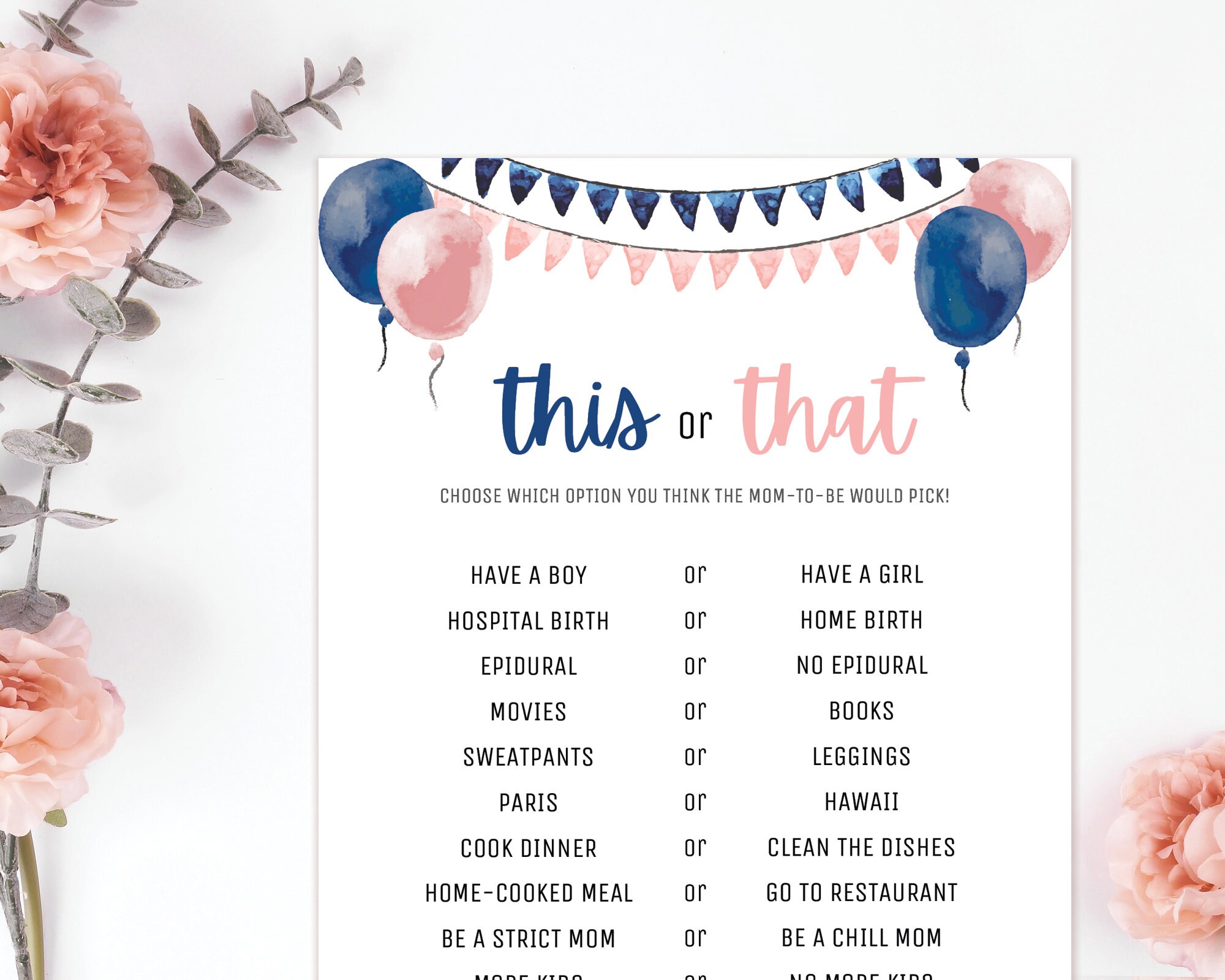 This or That Gender Reveal Party Game Printable Baby Shower Etsy