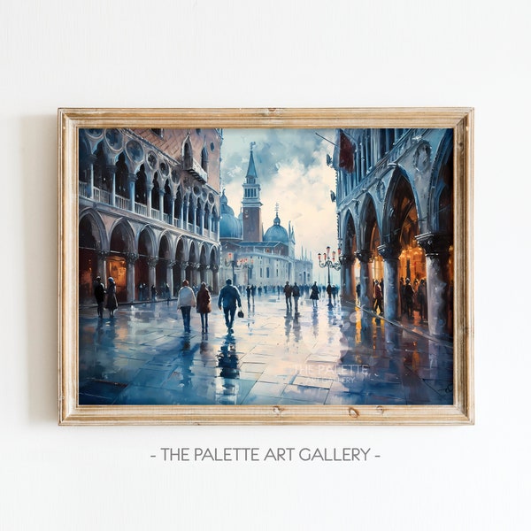 Venice Piazza San Marco Wall Art Digital Download, Italy City Life Decor People Oil Painting CityScape 011