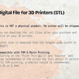 Puede incluir: Texto sobre un fondo beige: "Archivo digital para impresoras 3D (STL)". Se indica que no es un producto f&iacute;sico, sino un archivo descargable. Se ofrecen recomendaciones de impresi&oacute;n, incluyendo configuraciones.