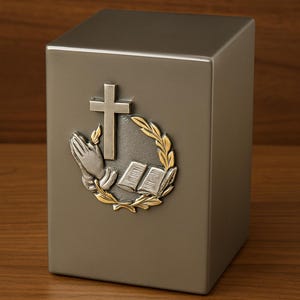 Religious Cross Cremation Urn – Pewter Finish Memorial Urn for Ashes – Funeral Keepsake Urn with Praying Hands & Bible Design