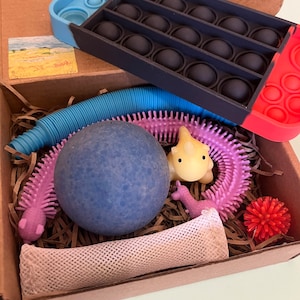 May include: A selection of sensory toys in a cardboard box. The box contains a blue and black pop-it, a blue textured ball, a pink spiky snake, a yellow unicorn, a red spiky ball, a blue tube, and a beige mesh tube.