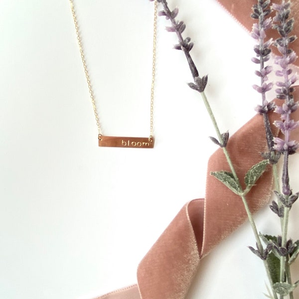 Bree-horizontal bar, gold filled, customized, hand stamped necklace.